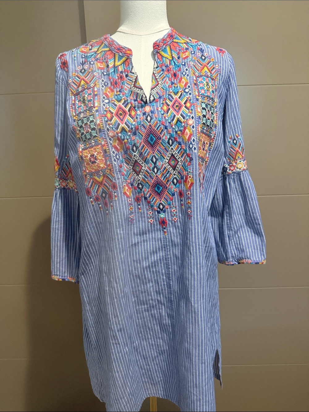 Johnny Was Blue Striped Tunic with Multicolor Embroidery